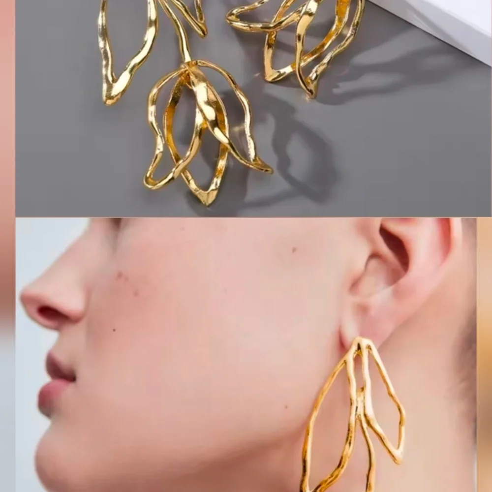 Gold Sculptural Petal Drop Earrings - Picture 3 of 4